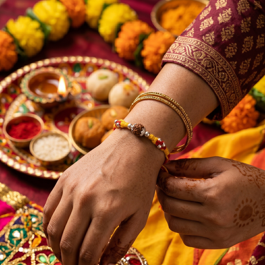 Sacred Rudraksha Silver Bead Rakhi