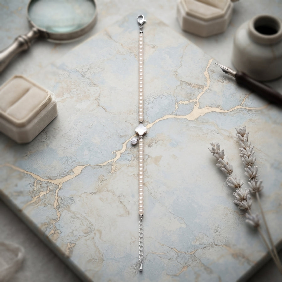 Silver Pearl Clover Bracelet