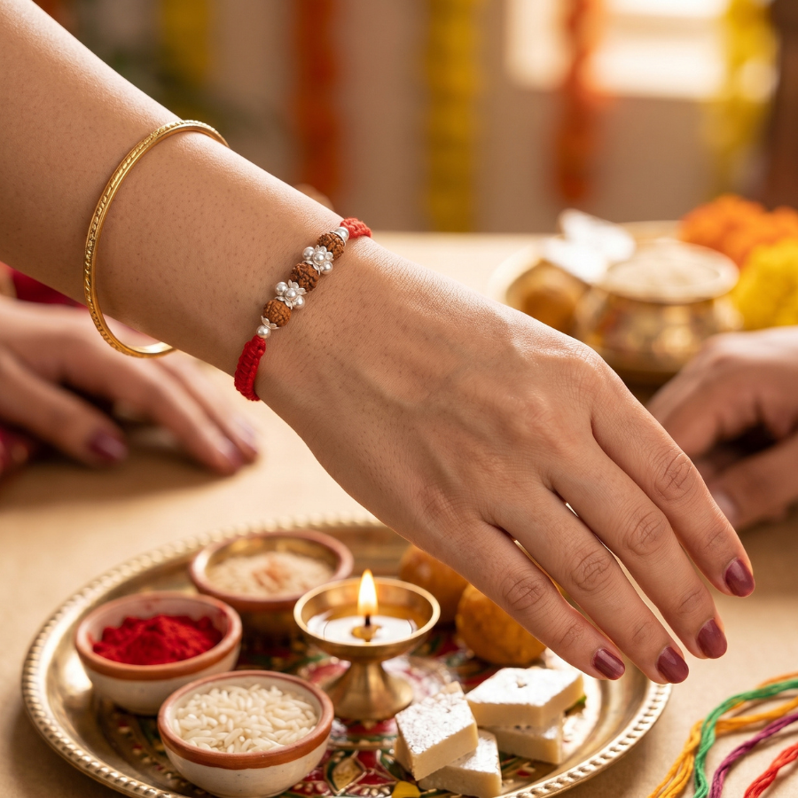 Triple Rudraksha Silver Bead Rakhi