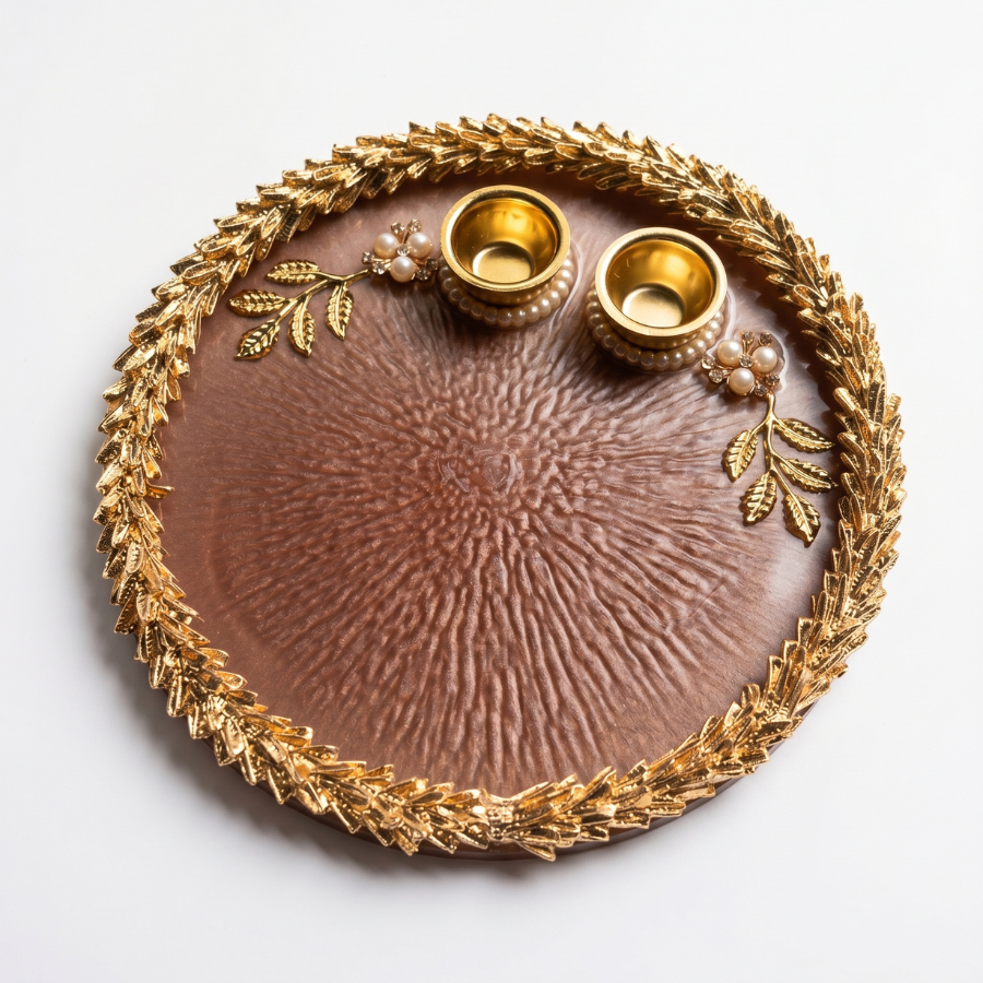 Mocha Bronze Leaf Resin Pooja Thali