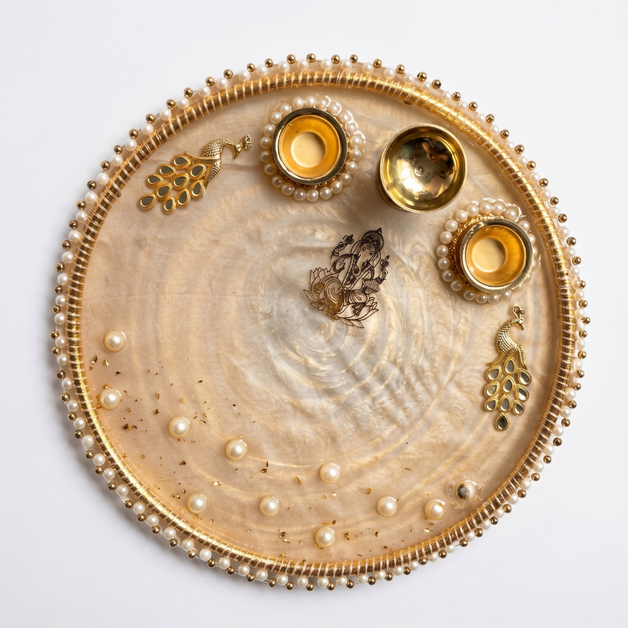 Champagne Pearl Ganesha Resin Pooja Thali