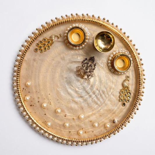 Champagne Pearl Ganesha Resin Pooja Thali