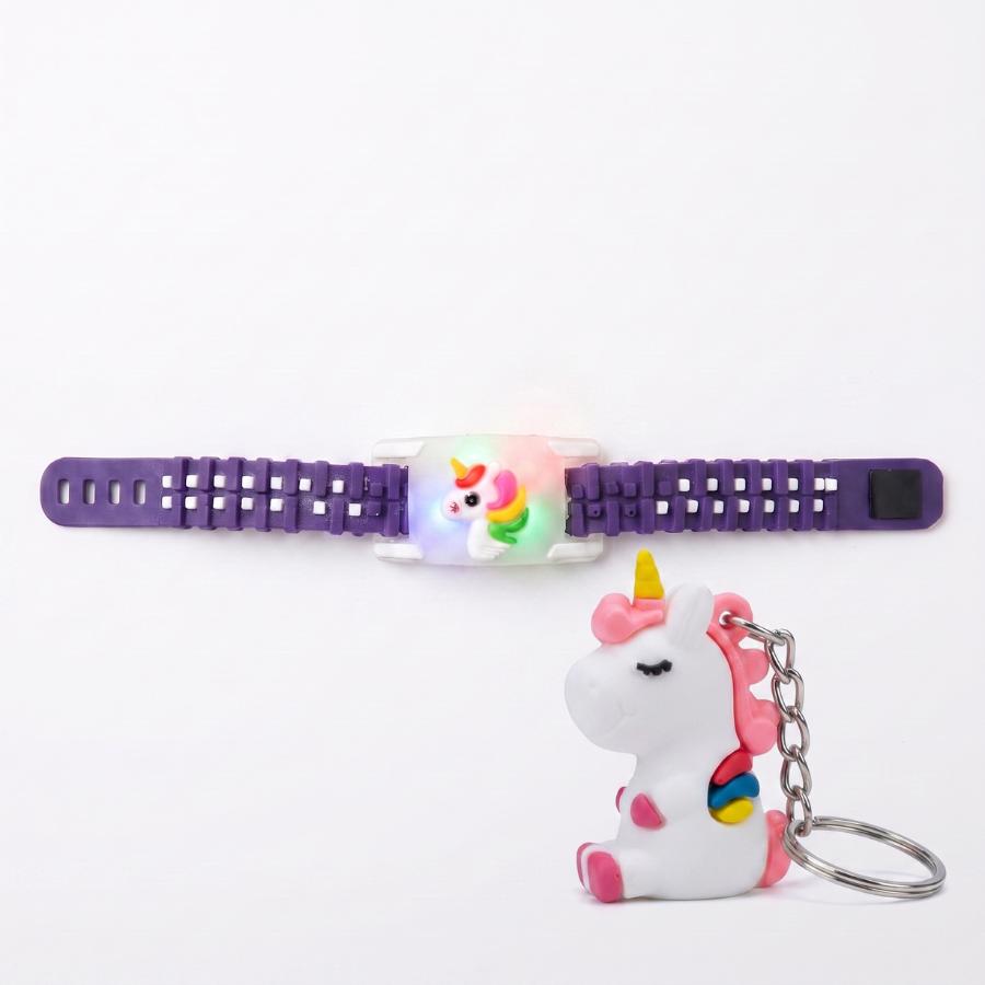 Unicorn LED Kids Rakhi Band & Unicorn Keychain Gift Set