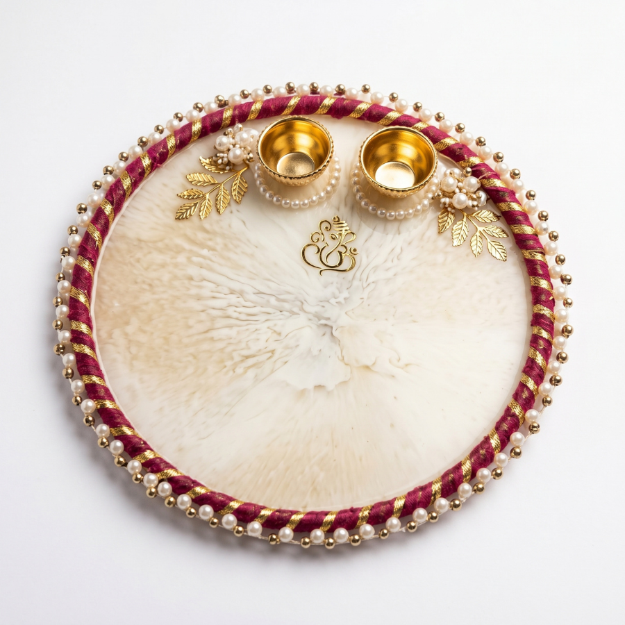 Ivory Marble Ganesha Resin Pooja Thali