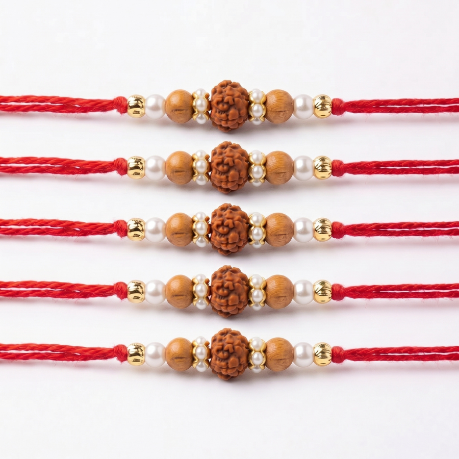 Sandalwood Rudraksha Pearl Rakhi Combo (Set of 5)