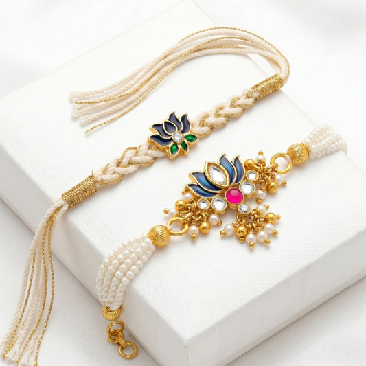 Midnight Lotus Designer & Lotus Pearl Designer Lumba Rakhi Set of 2