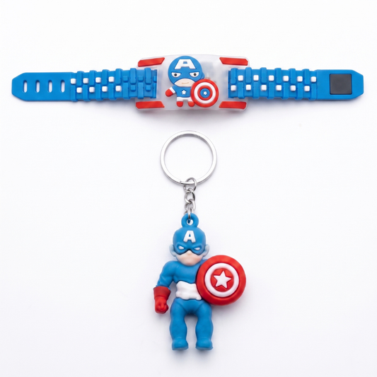 Captain Hero LED Kids Rakhi Band & Keychain Gift Set