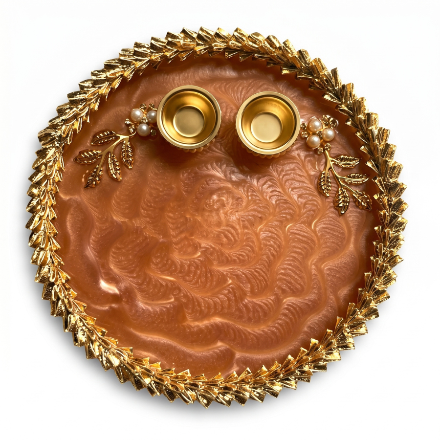 Rose Gold Feather Marble Resin Pooja Thali