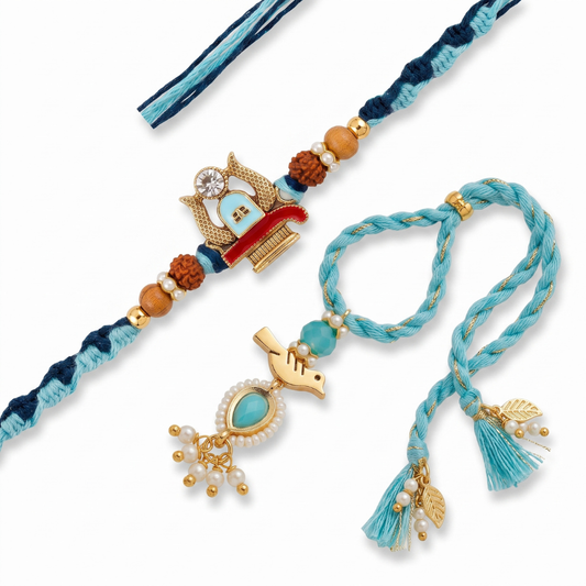 Rudraksha Temple & Aqua Bird Charm Designer Lumba Rakhi Set of 2