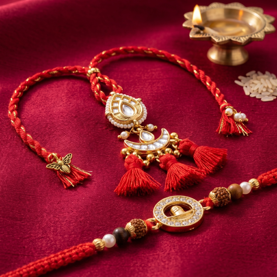 Shivling Divine Rudraksha & Royal Kundan Triple Tassel Designer Lumba Rakhi Set of 2