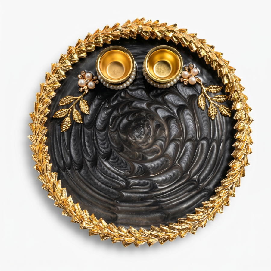 Midnight Black Leaf Resin Pooja Thali