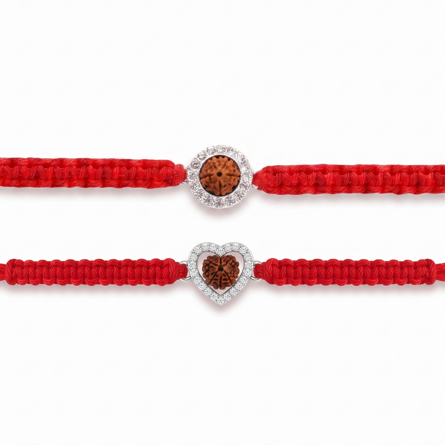 925 Silver Rudraksha Halo Rakhi & 925 Silver Heart Rudraksha Rakhi Set of 2