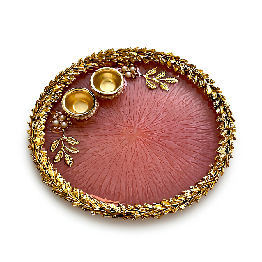 Rose Blush Leaf Resin Pooja Thali