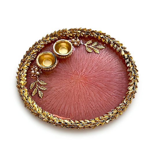 Rose Blush Leaf Resin Pooja Thali