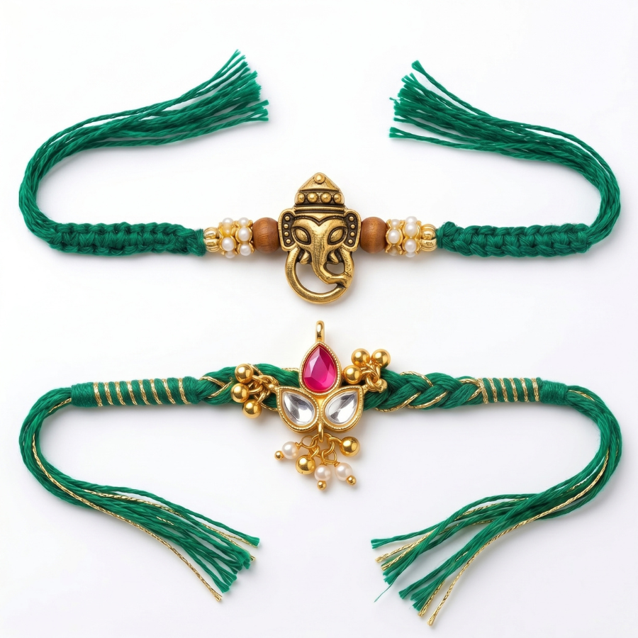 Ganesha & Emerald Kundan Rakhi Set of 2
