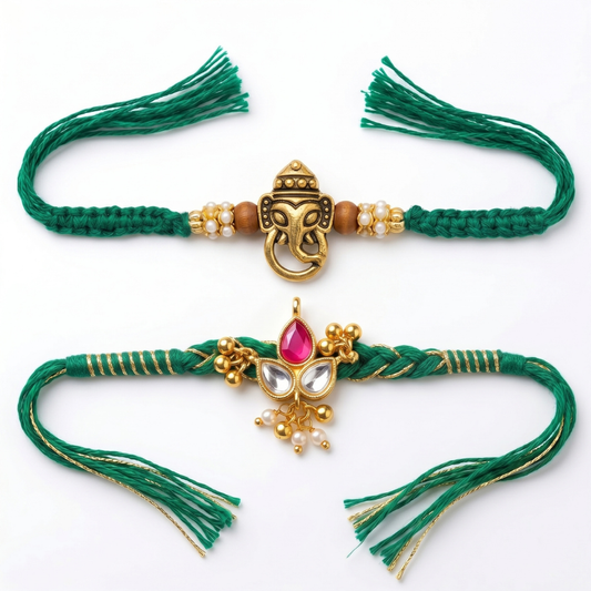 Ganesha & Emerald Kundan Rakhi Set of 2