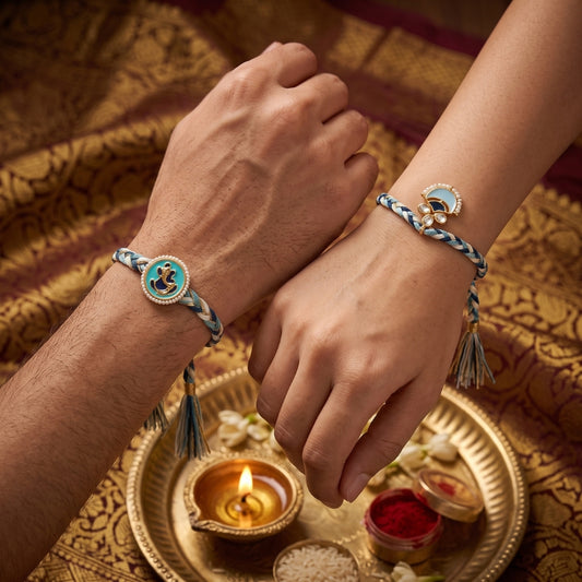 Pearl Ganesha Designer & Pearl Kundan Designer Rakhi Set of 2