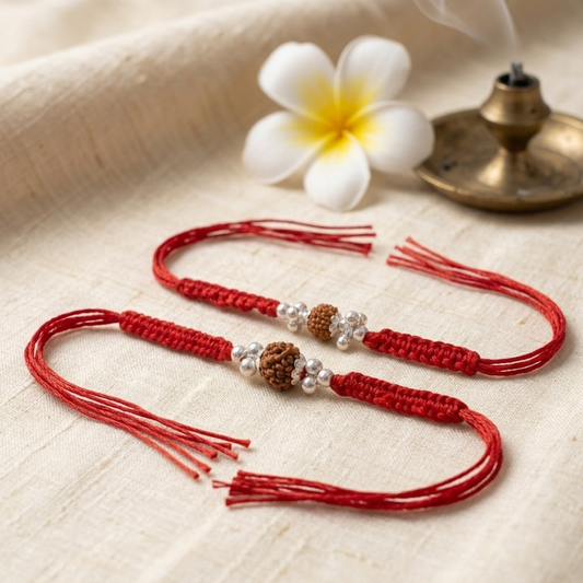 925 Silver Classic Rudraksha Rakhi & 925 Silver Rudraksha Trinity Rakhi Set