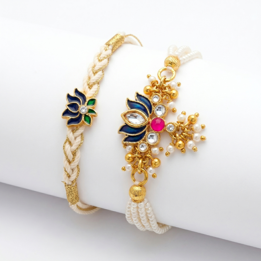 Midnight Lotus Designer & Lotus Pearl Designer Lumba Rakhi Set of 2