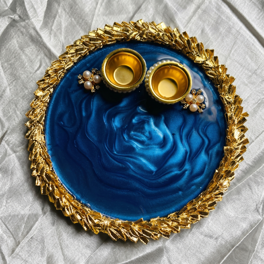 Sapphire Ocean Marble Resin Pooja Thali