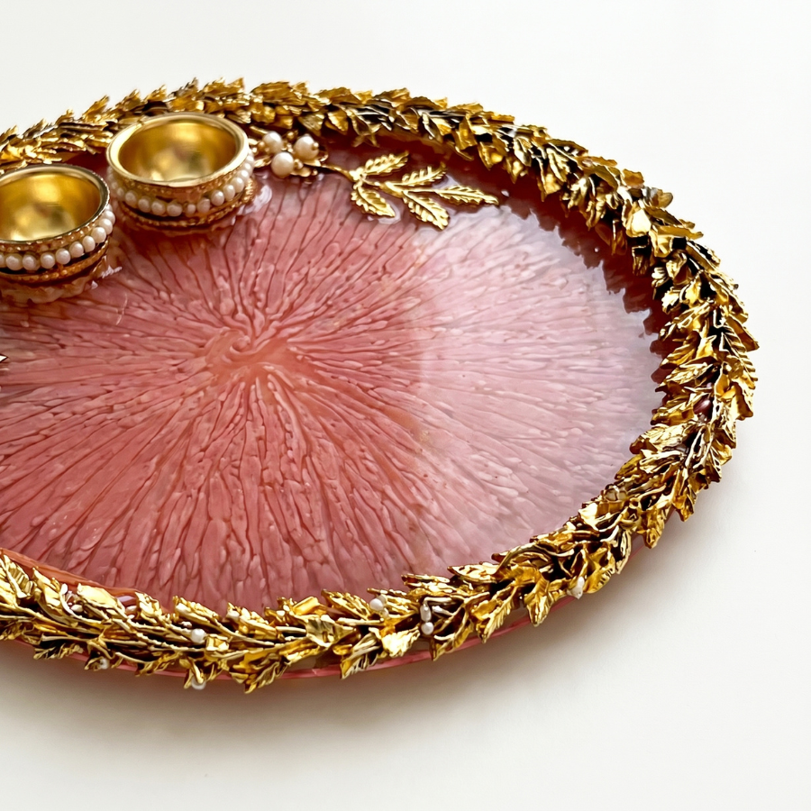 Rose Blush Leaf Resin Pooja Thali