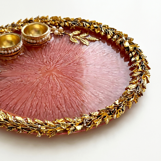 Rose Blush Leaf Resin Pooja Thali