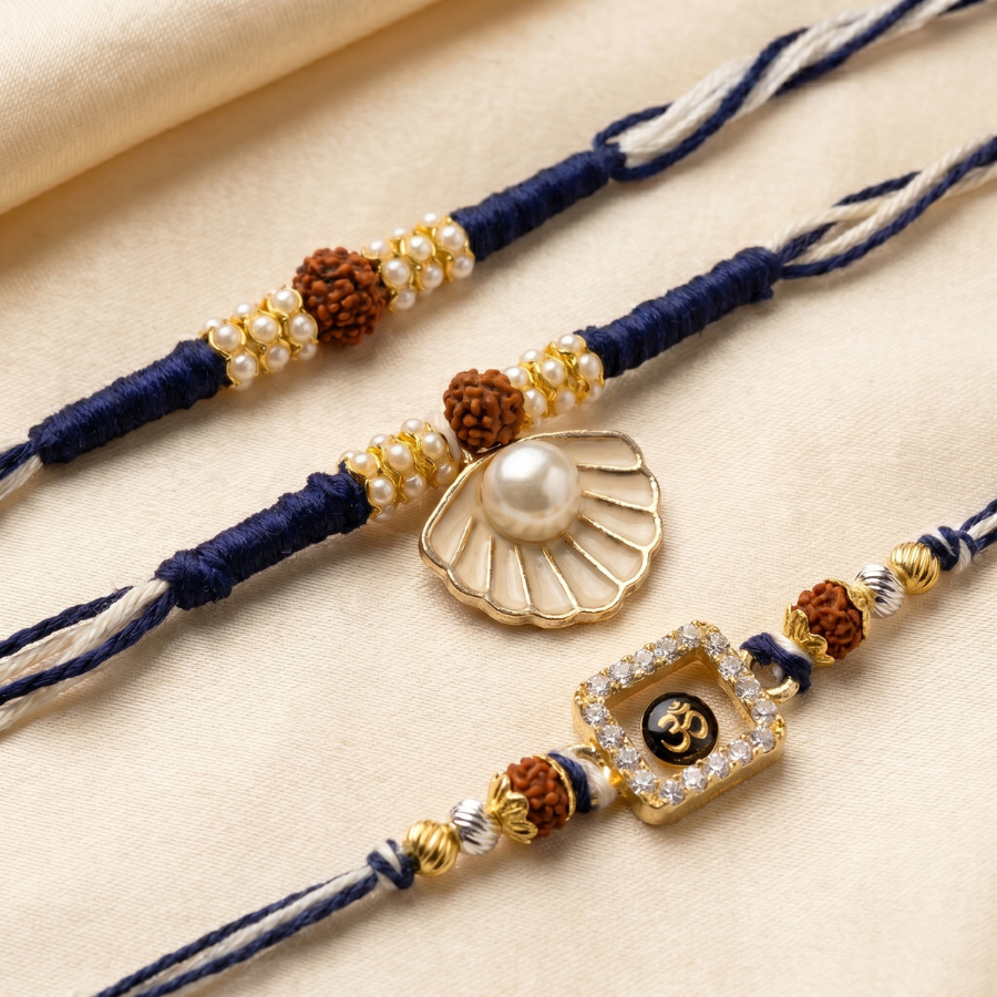 Om Divine Crystal & Pearl Seashell Rudraksha & Pearl Halo Rudraksha Rakhi Set of 3