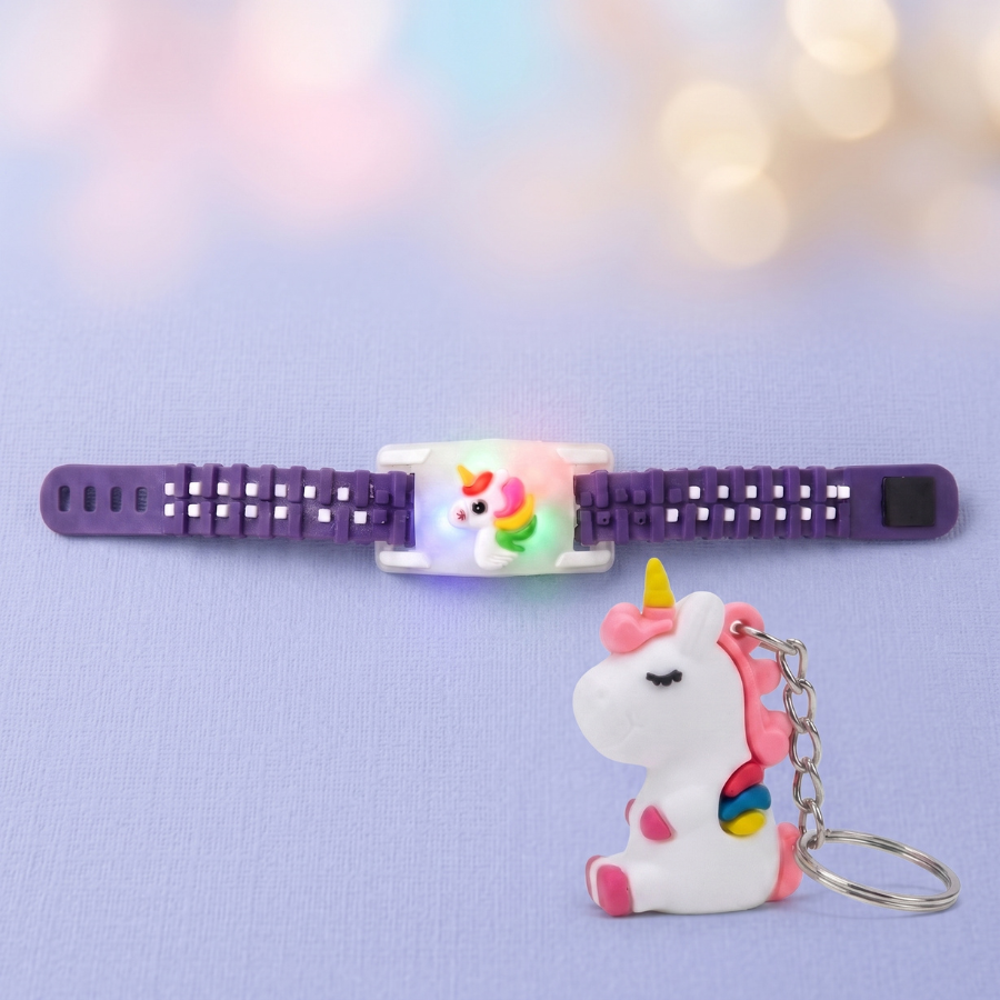 Unicorn LED Kids Rakhi Band & Unicorn Keychain Gift Set