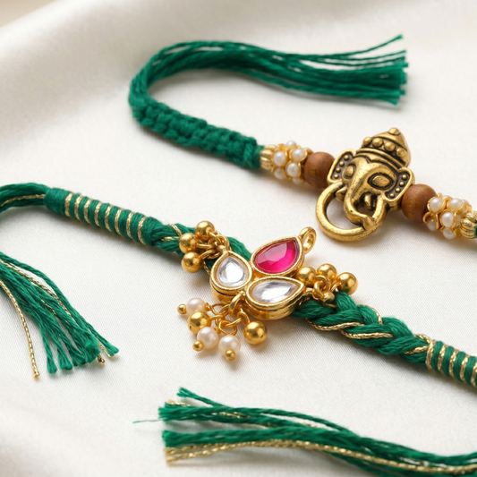 Ganesha & Emerald Kundan Rakhi Set of 2