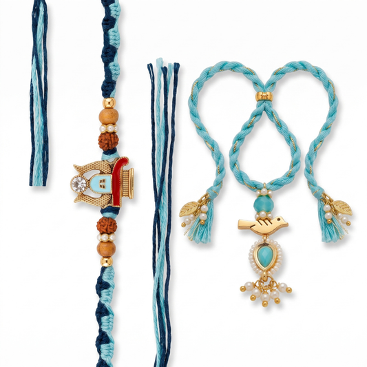 Rudraksha Temple & Aqua Bird Charm Designer Lumba Rakhi Set of 2