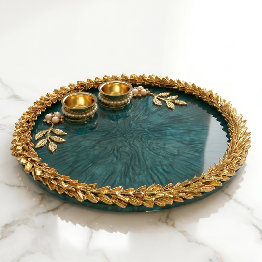 Emerald Luxe Leaf Resin Pooja Thali