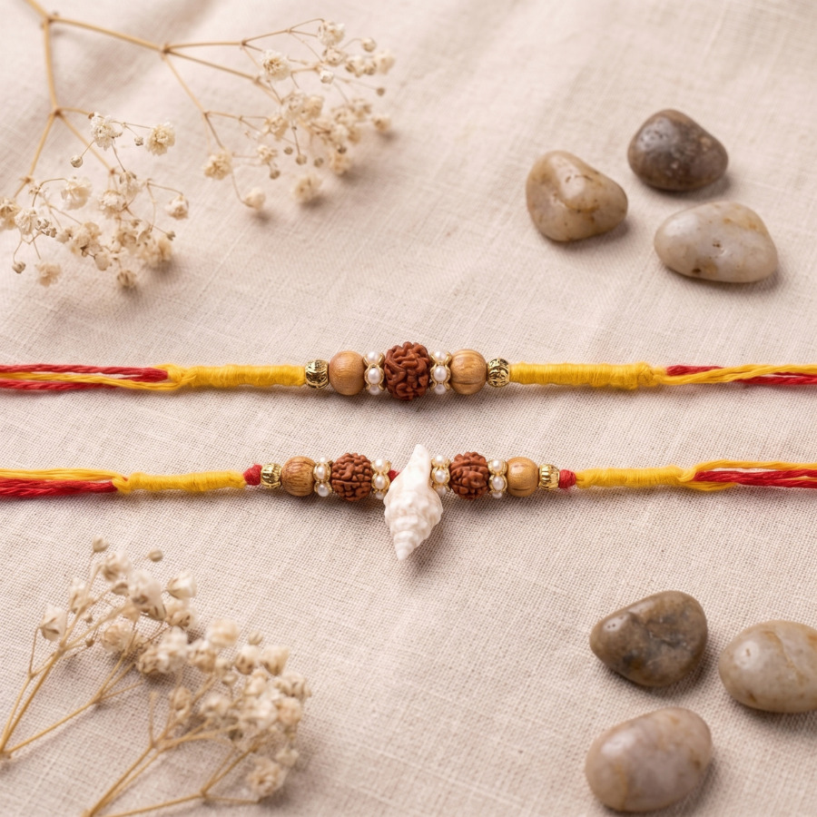 Natural Shell Rudraksha Rakhi & Rudraksha Harmony Rakhi Set of 2