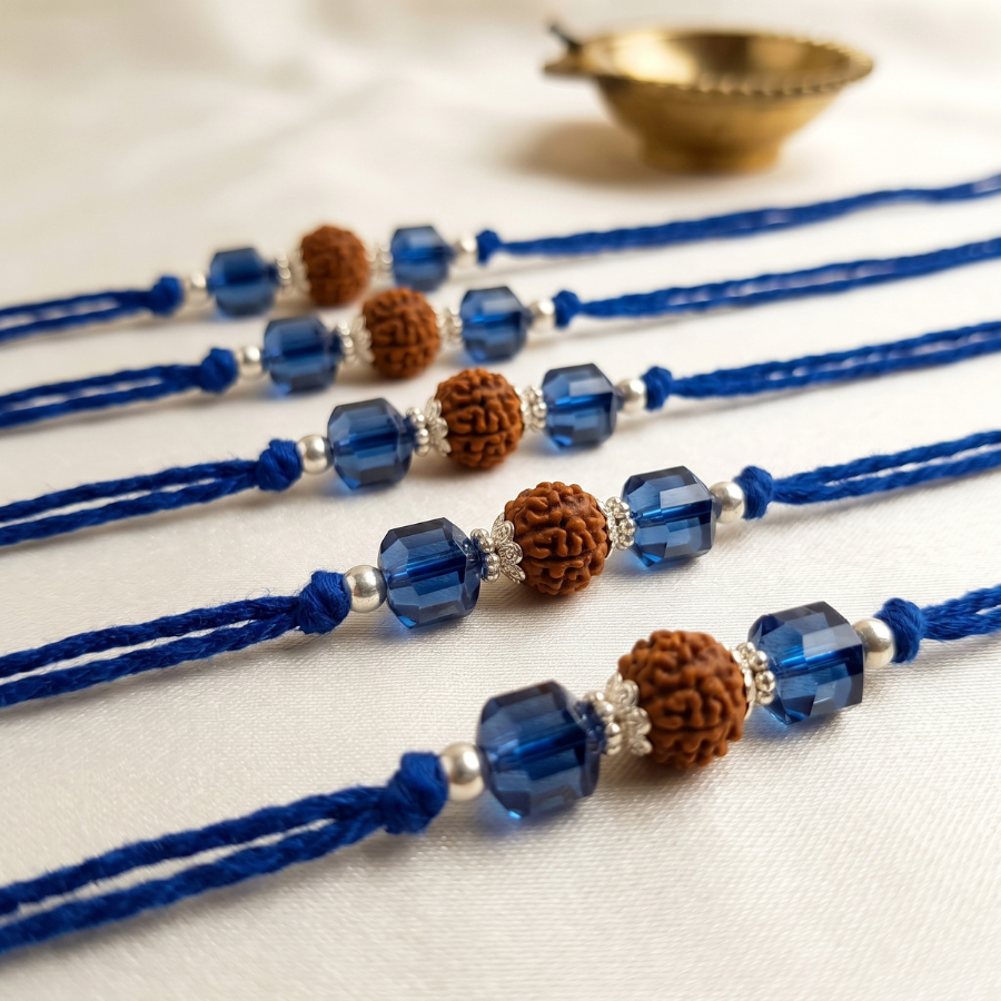 Sapphire Crystal Rudraksha Rakhi Combo (Set of 5)