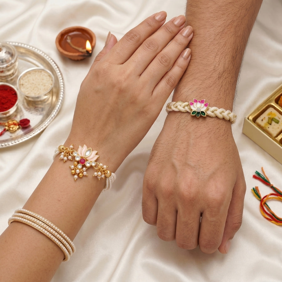 Lotus Pearl Bracelet & Pink Lotus Designer Rakhi Set of 2