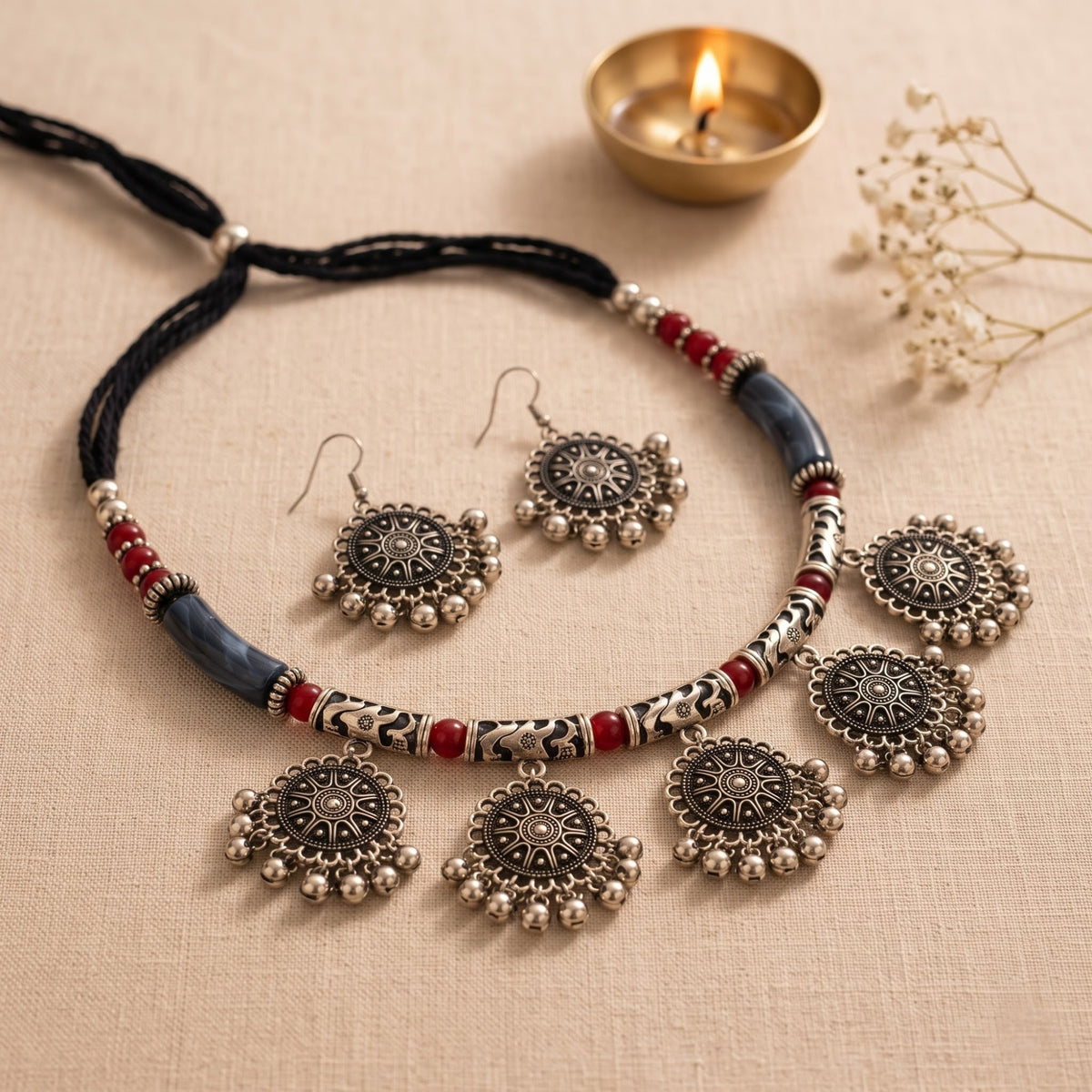 Phool Mala Blue Oxidised Necklace Set