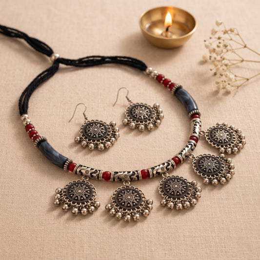 Phool Mala Blue Oxidised Necklace Set