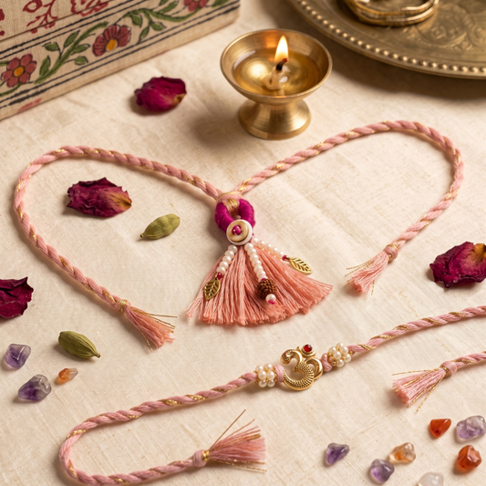Peach Tassel Lumba & Om Charm Rakhi Set of 2