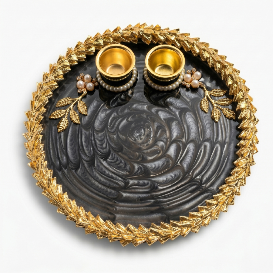 Midnight Black Leaf Resin Pooja Thali
