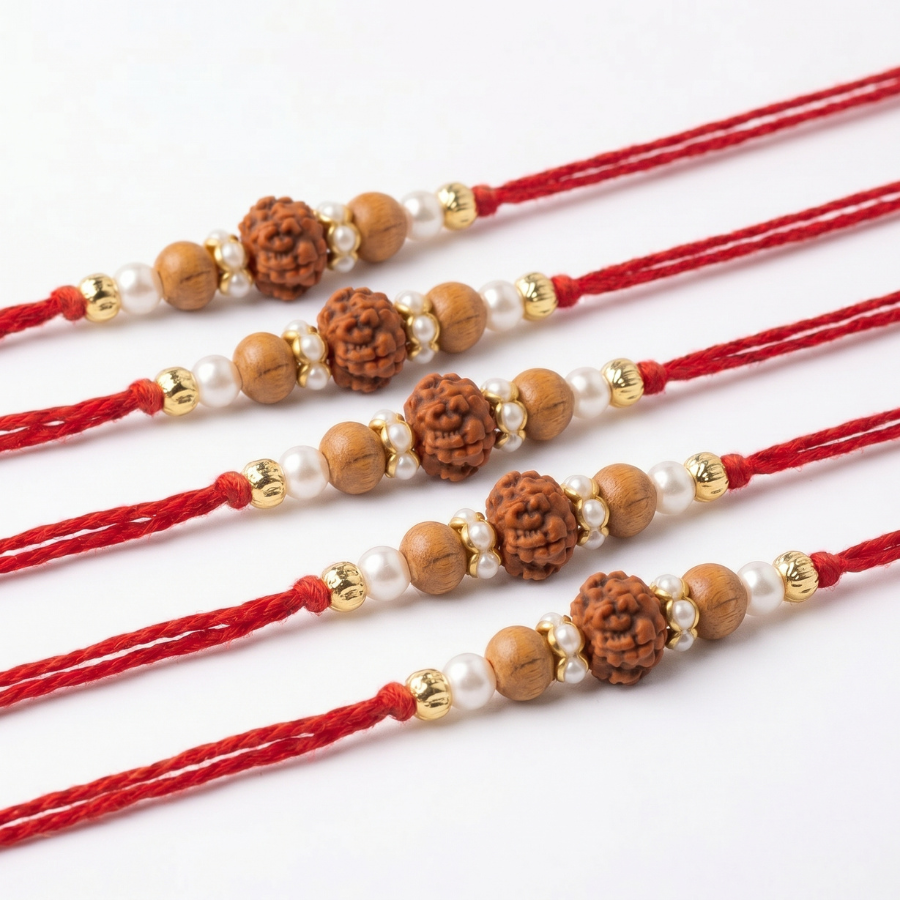 Sandalwood Rudraksha Pearl Rakhi Combo (Set of 5)