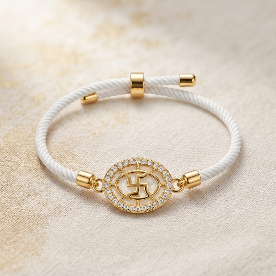 White Swastik Crystal Adjustable Rakhi Bracelet
