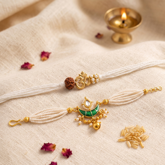 Divine Om Rudraksha Rakhi & Emerald Pearl Chand Lumba Rakhi Set of 2