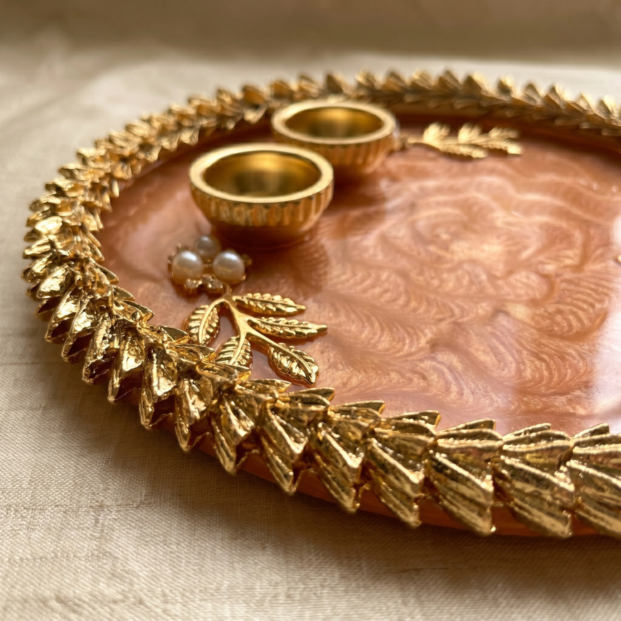 Rose Gold Feather Marble Resin Pooja Thali