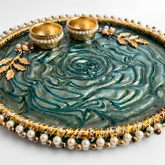 Emerald Swirl Resin Pooja Thali