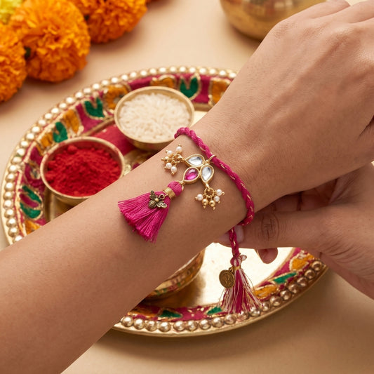 Pink Mirror Tassel Designer Lumba Rakhi