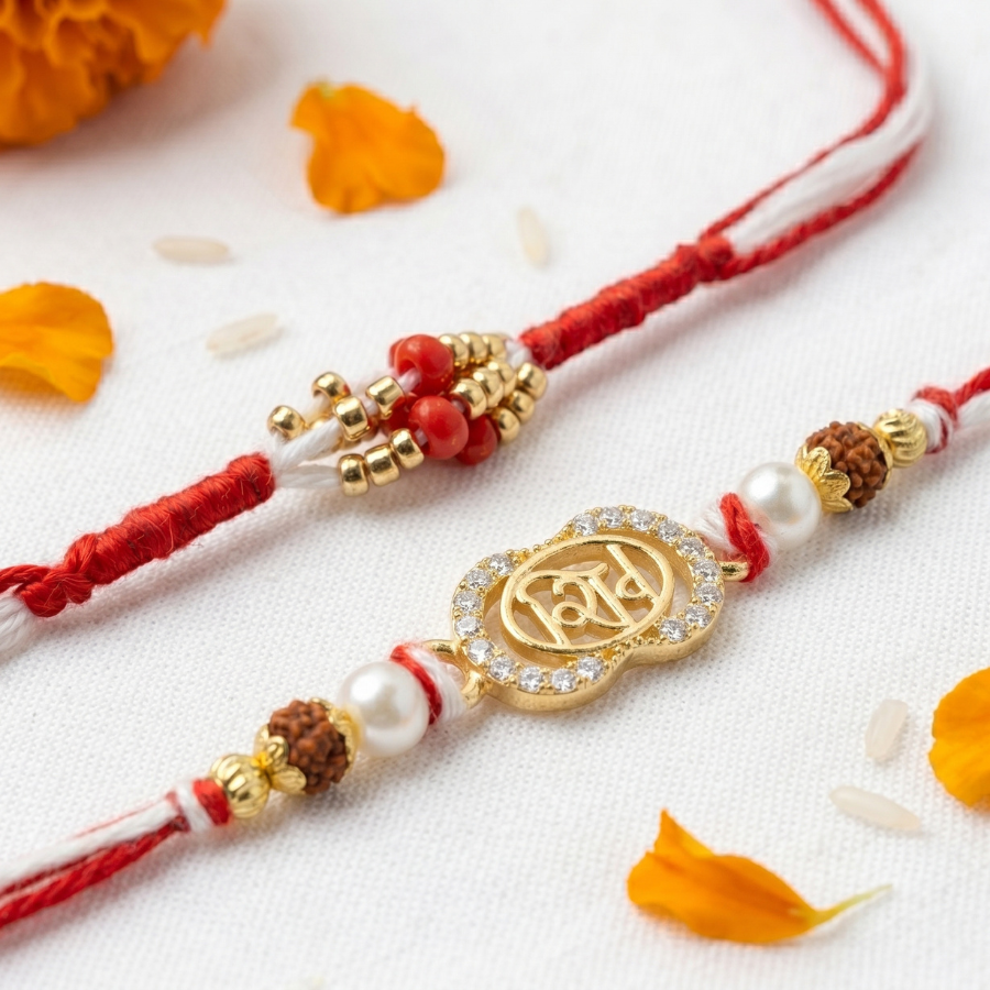 Traditional Red Bead & Shiv Pearl Rudraksha Rakhi Set of 2