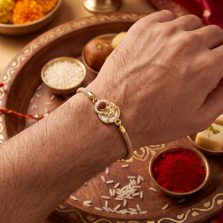 Om Ganesha Rudraksha Crystal Bracelet Beige Gold