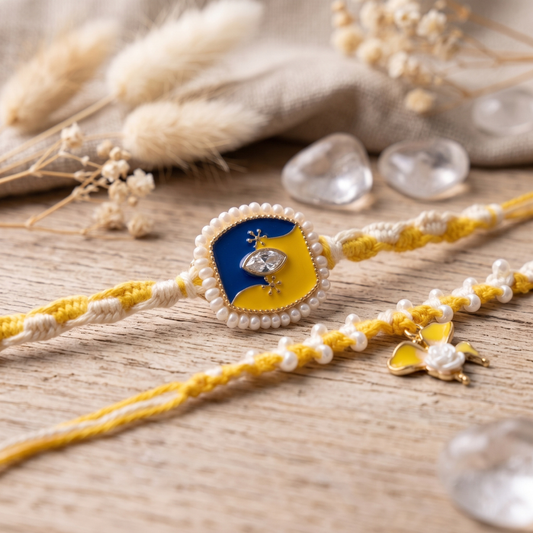 Blue Yellow Crystal Rakhi & Sunshine Blossom Lumba Rakhi Set of 2