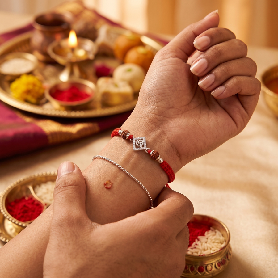 925 Silver Divine Om Rudraksha Rakhi
