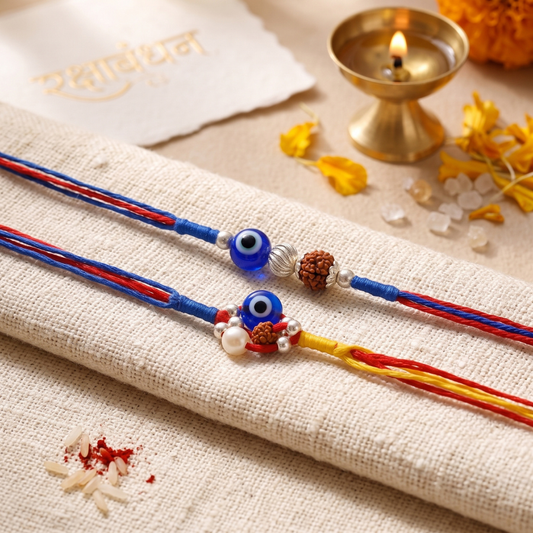 925 Silver Evil Eye Rudraksha Rakhi & 925 Silver Evil Eye Pearl & Rudraksha Rakhi Set of 2