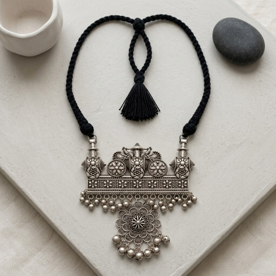 Rajwadi Jharokha Black Dori Oxidised Necklace